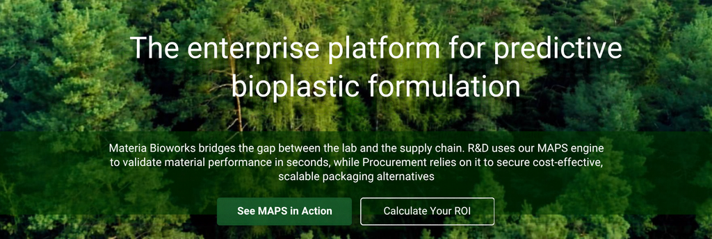 Climate tech growth marketing mockup of the redesigned Materia Bioworks website hero section displaying value-based positioning, the MAPS enterprise platform headline, and dual CTAs for R&D and Procurement buyers
