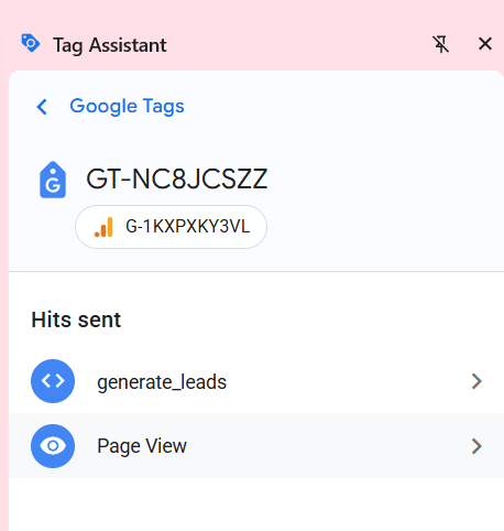 Climate tech growth marketing fix: Google Tag Assistant interface displaying a custom generate_leads event firing alongside a standard pageview.